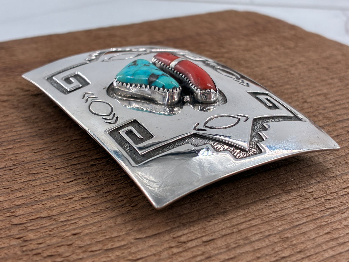 Reborn "C.M. Yazzie" Turquoise Coral Sterling Silver Belt Buckle