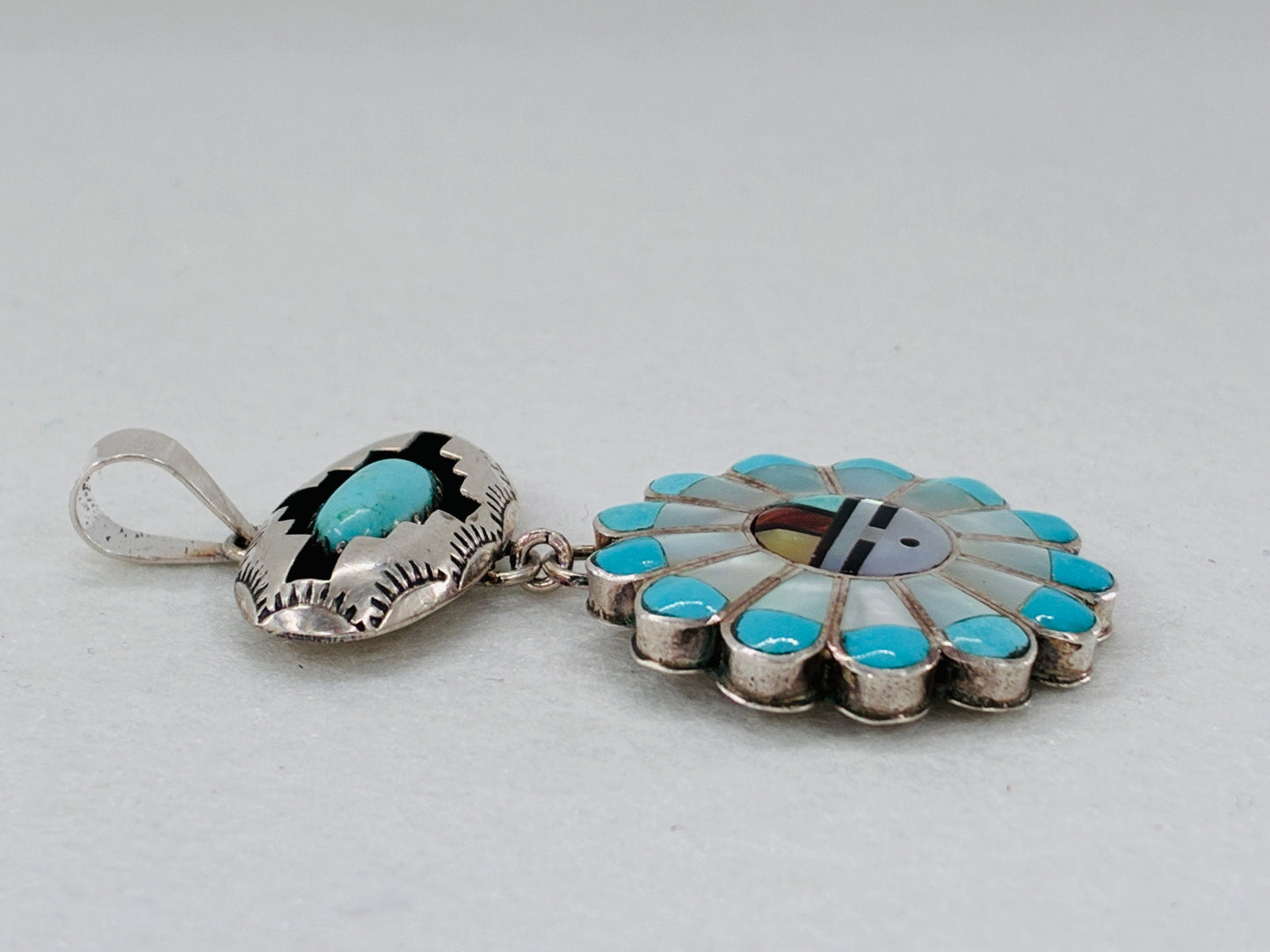 Southwestern Sterling Silver Pendant -Turquoise/Black Onyx/Mother of Pearl/Coral