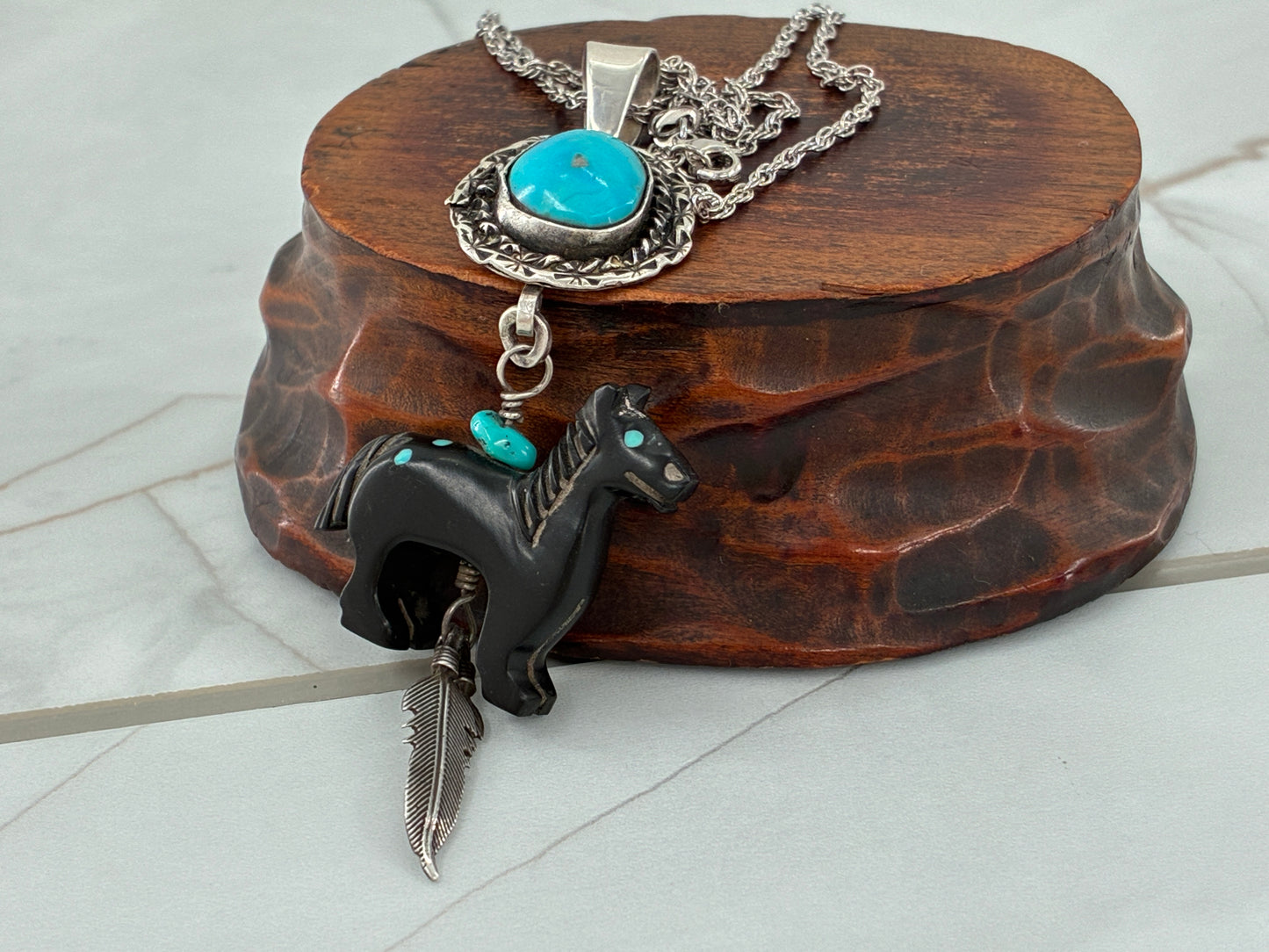 Turquoise and Black Jet Horse Necklace