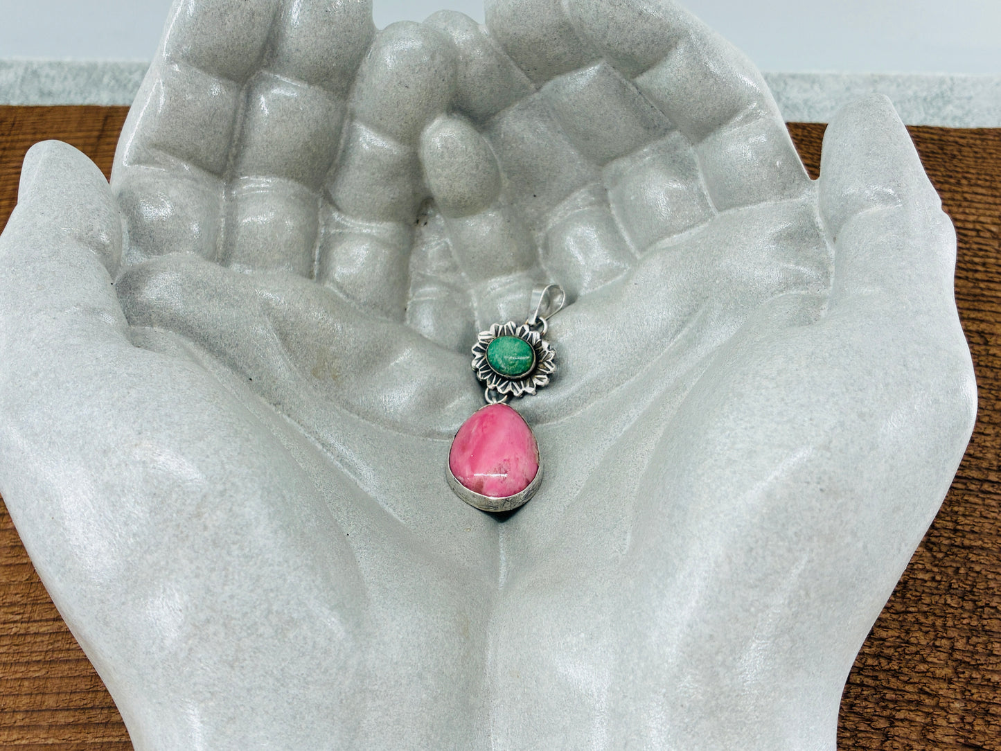 Green Turquoise and Pink Rhodolite Pendant