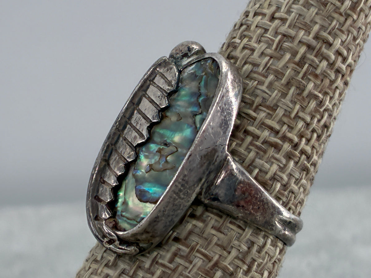 Rescued Abalone and Sterling Silver Leaf Ring - Size 6