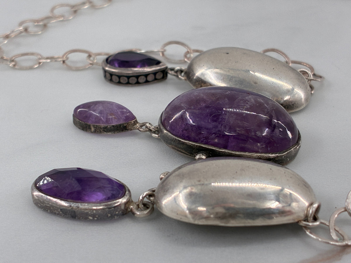 Amethyst Sterling Silver Statement Necklace - Fully Adjustable