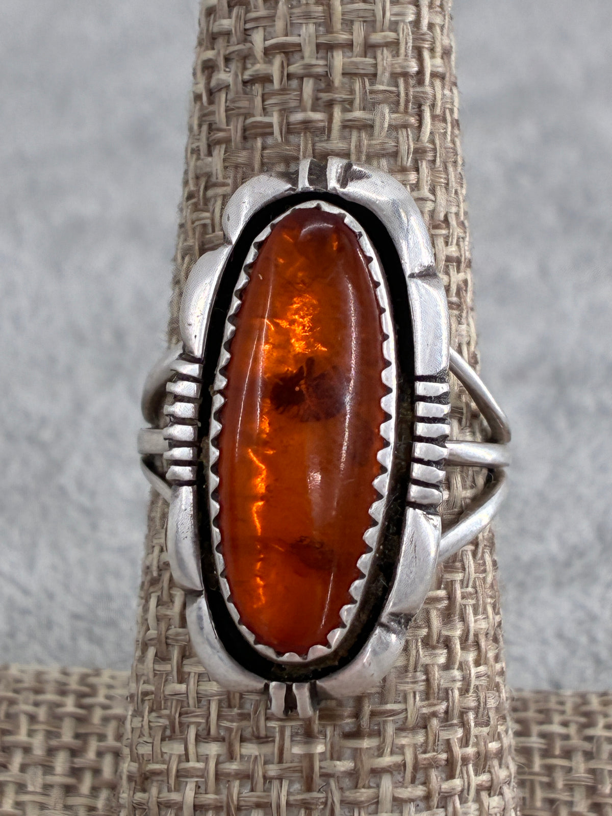Rescued "L. Yazzie" Amber in Sterling Silver Ring - Size 7