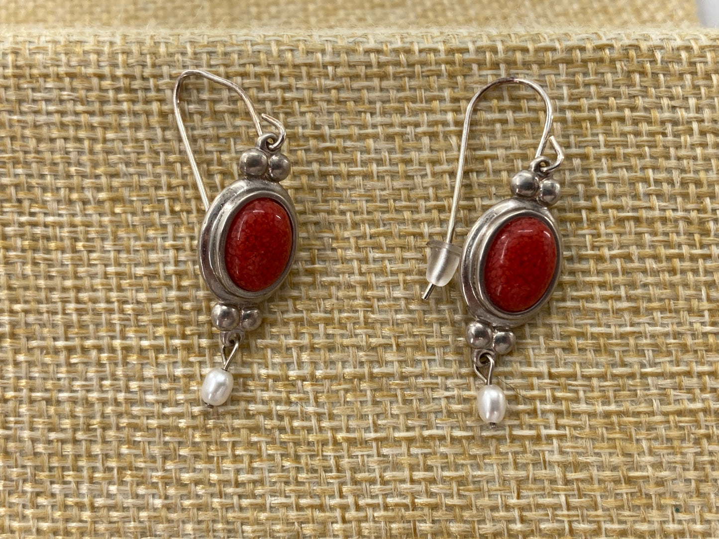 Red Coral and White Pearl Earrings