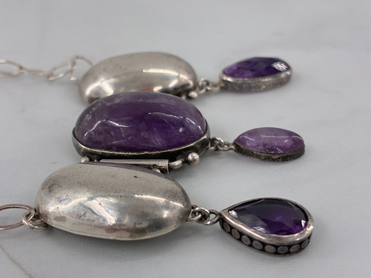 Amethyst Sterling Silver Statement Necklace - Fully Adjustable
