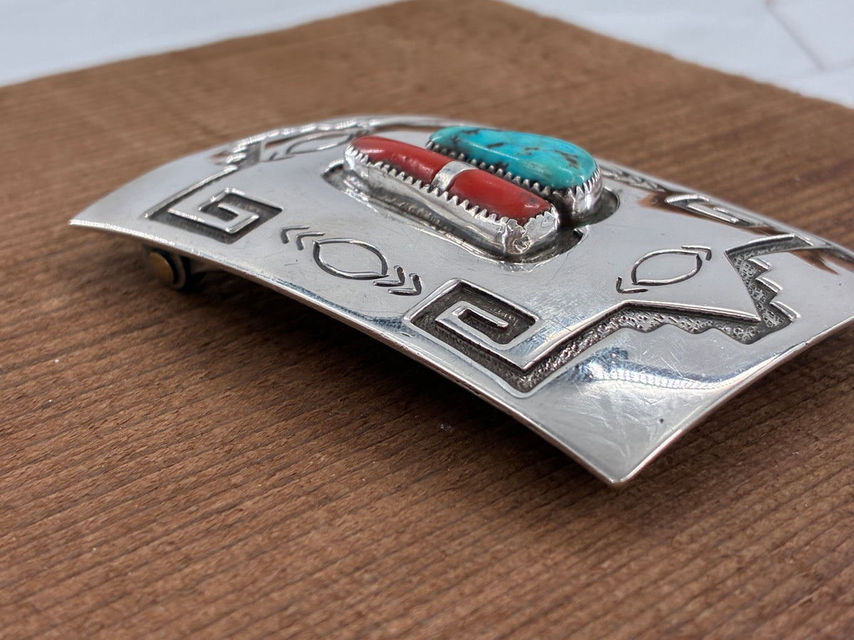 Reborn "C.M. Yazzie" Turquoise Coral Sterling Silver Belt Buckle