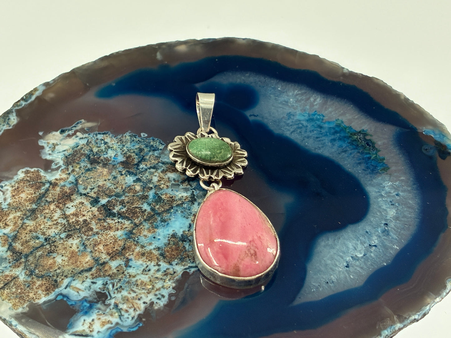 Green Turquoise and Pink Rhodolite Pendant