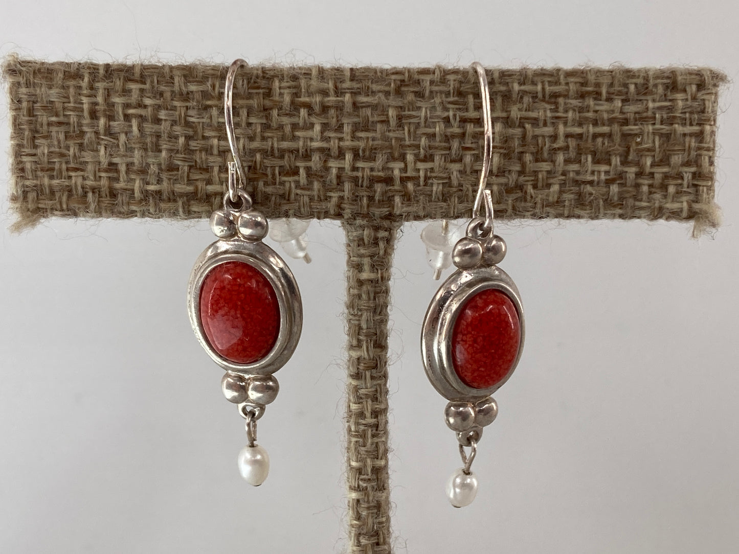 Red Coral and White Pearl Earrings