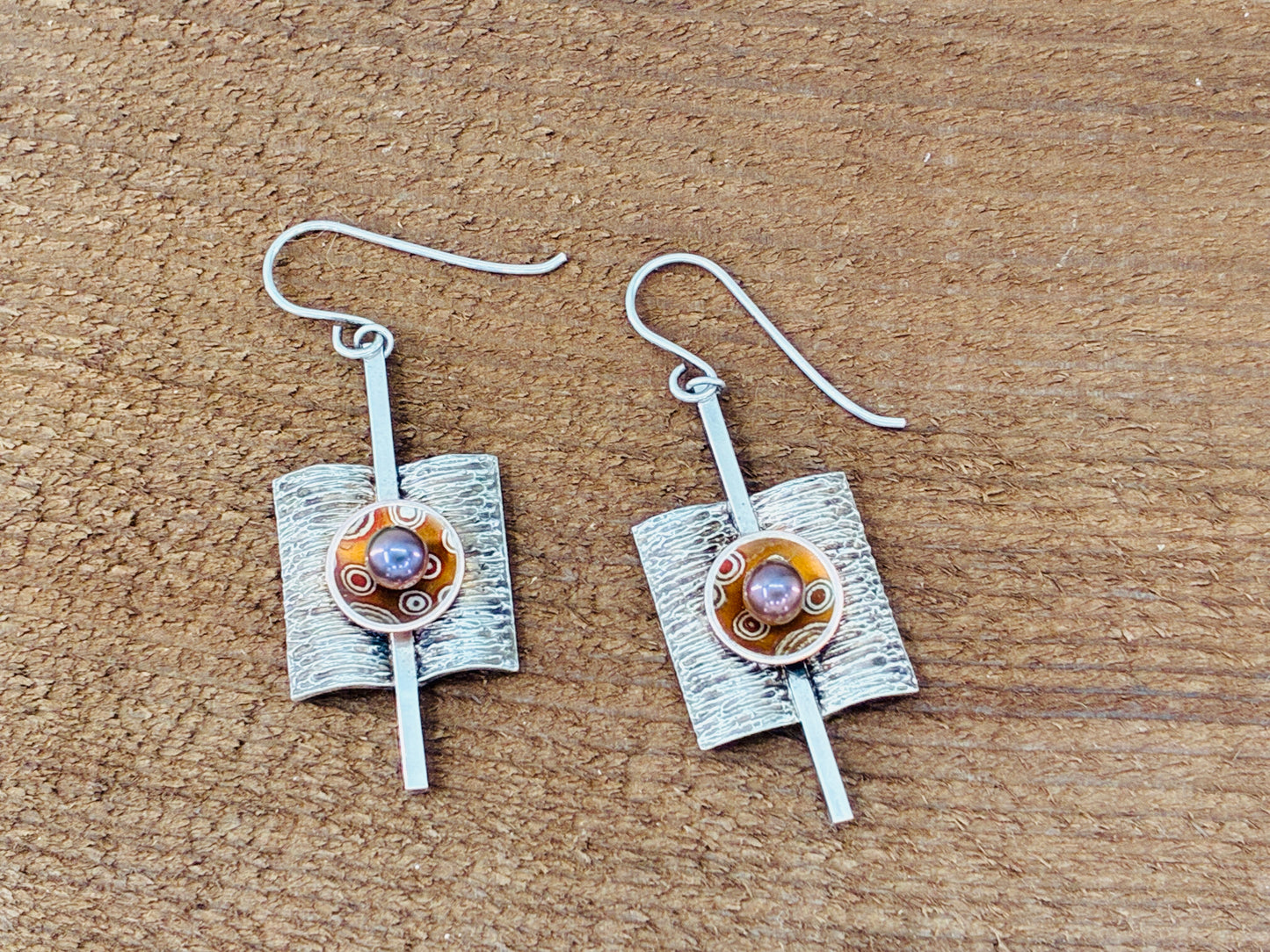 Pearl and Mixed Metal Damascus on Sterling Silver Earrings