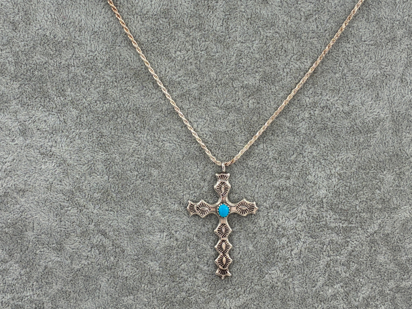Rescued Hand Stamped Sterling Silver Cross with Sleeping Beauty Turquoise