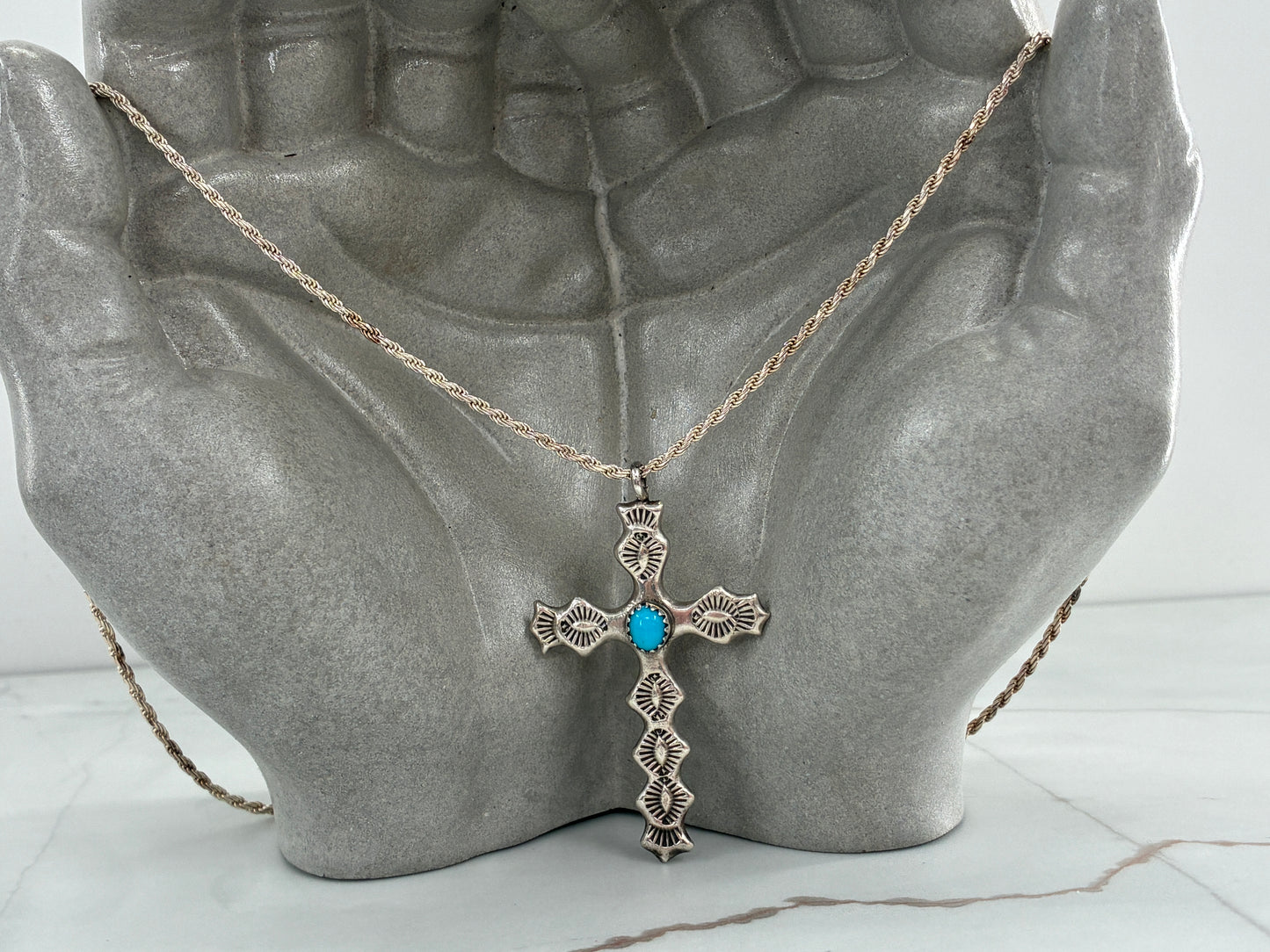 Rescued Hand Stamped Sterling Silver Cross with Sleeping Beauty Turquoise