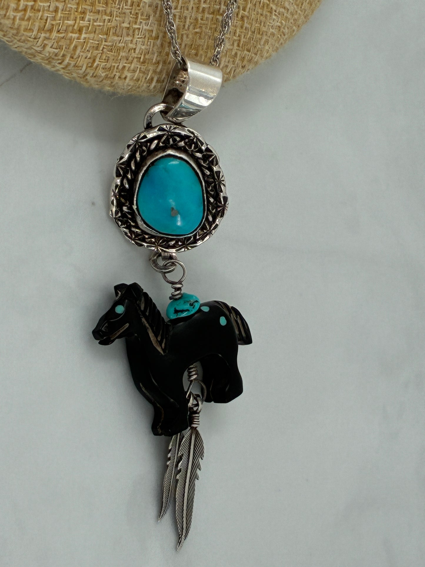 Turquoise and Black Jet Horse Necklace