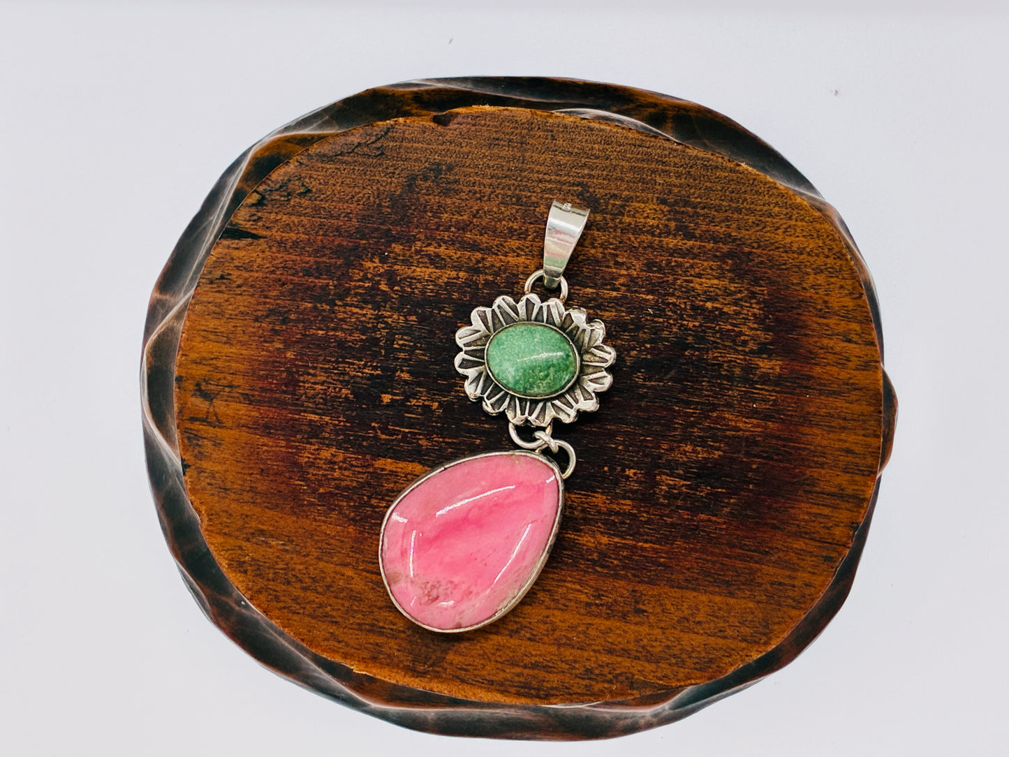 Green Turquoise and Pink Rhodolite Pendant