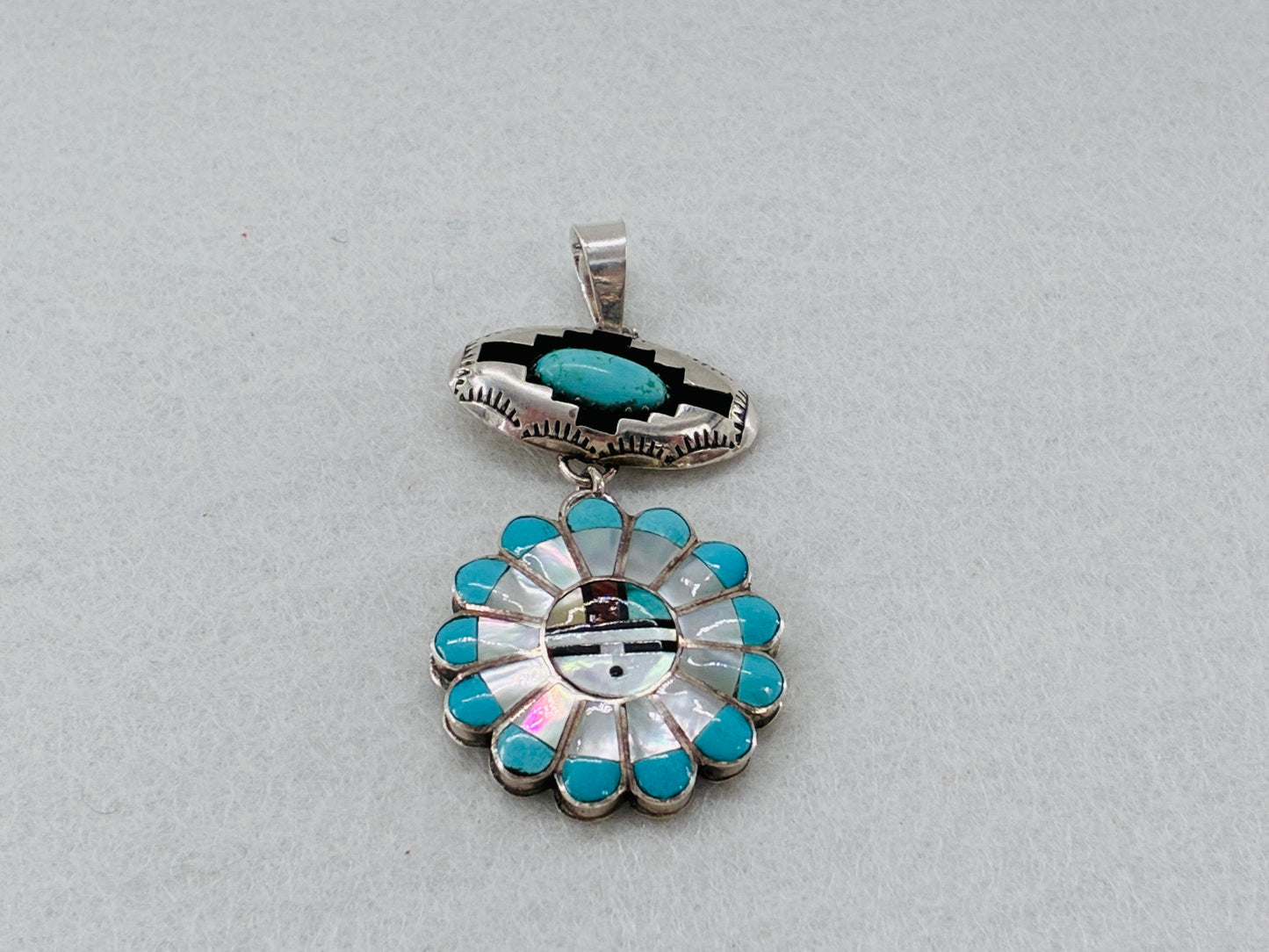Southwestern Sterling Silver Pendant -Turquoise/Black Onyx/Mother of Pearl/Coral