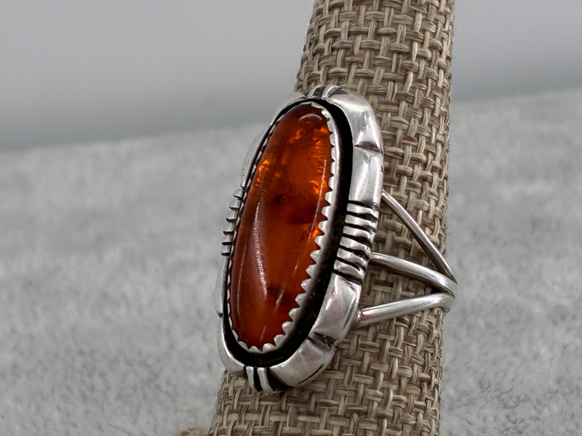 Rescued "L. Yazzie" Amber in Sterling Silver Ring - Size 7