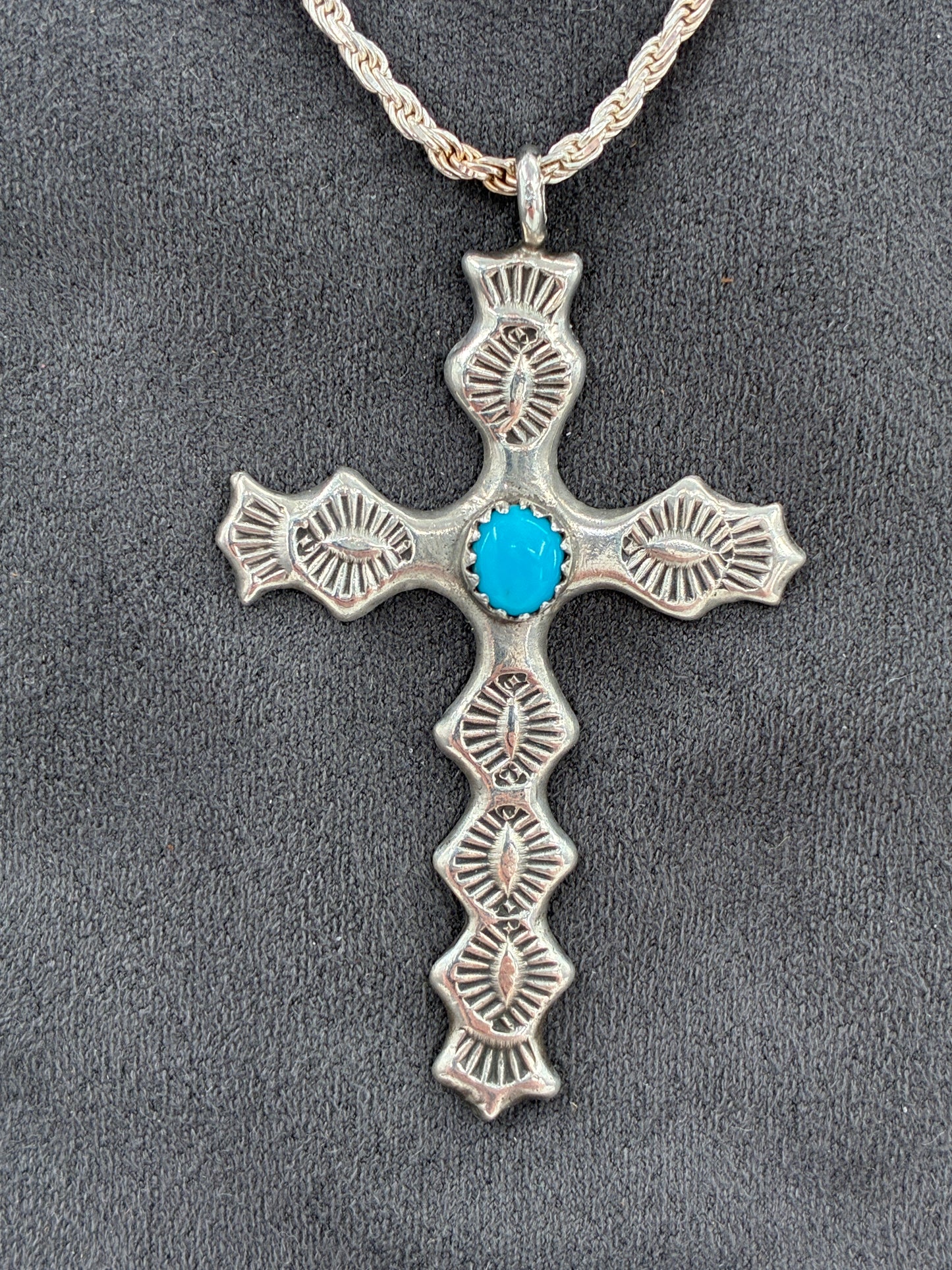 Rescued Hand Stamped Sterling Silver Cross with Sleeping Beauty Turquoise