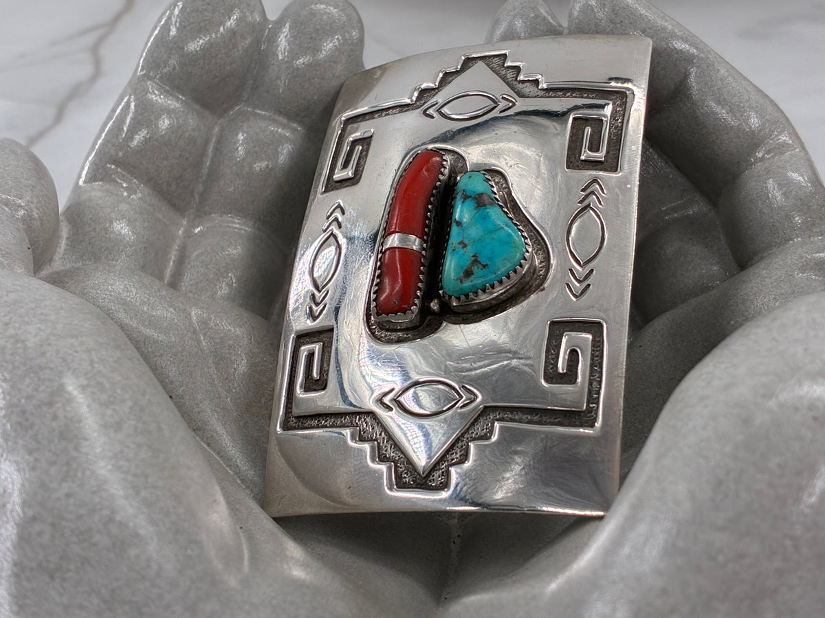 Reborn "C.M. Yazzie" Turquoise Coral Sterling Silver Belt Buckle