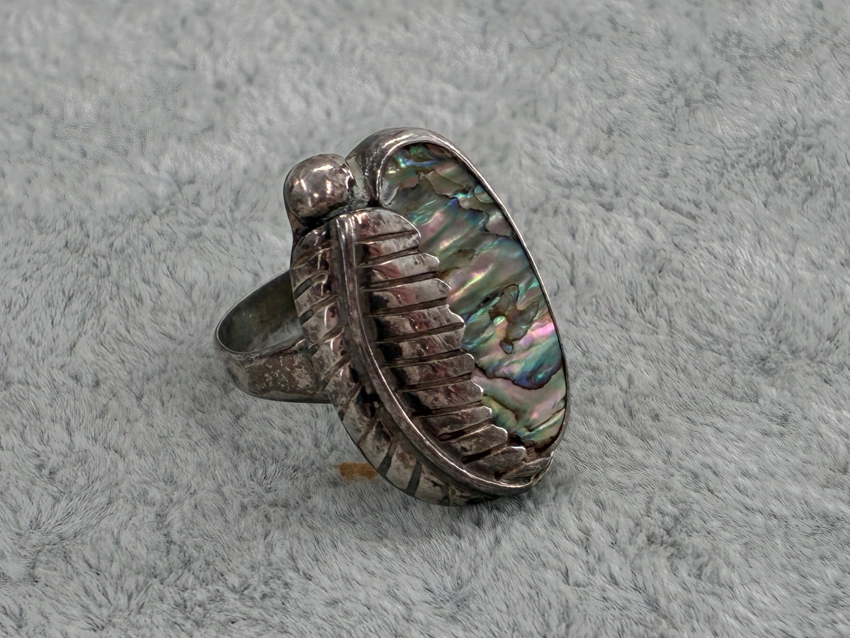 Rescued Abalone and Sterling Silver Leaf Ring - Size 6