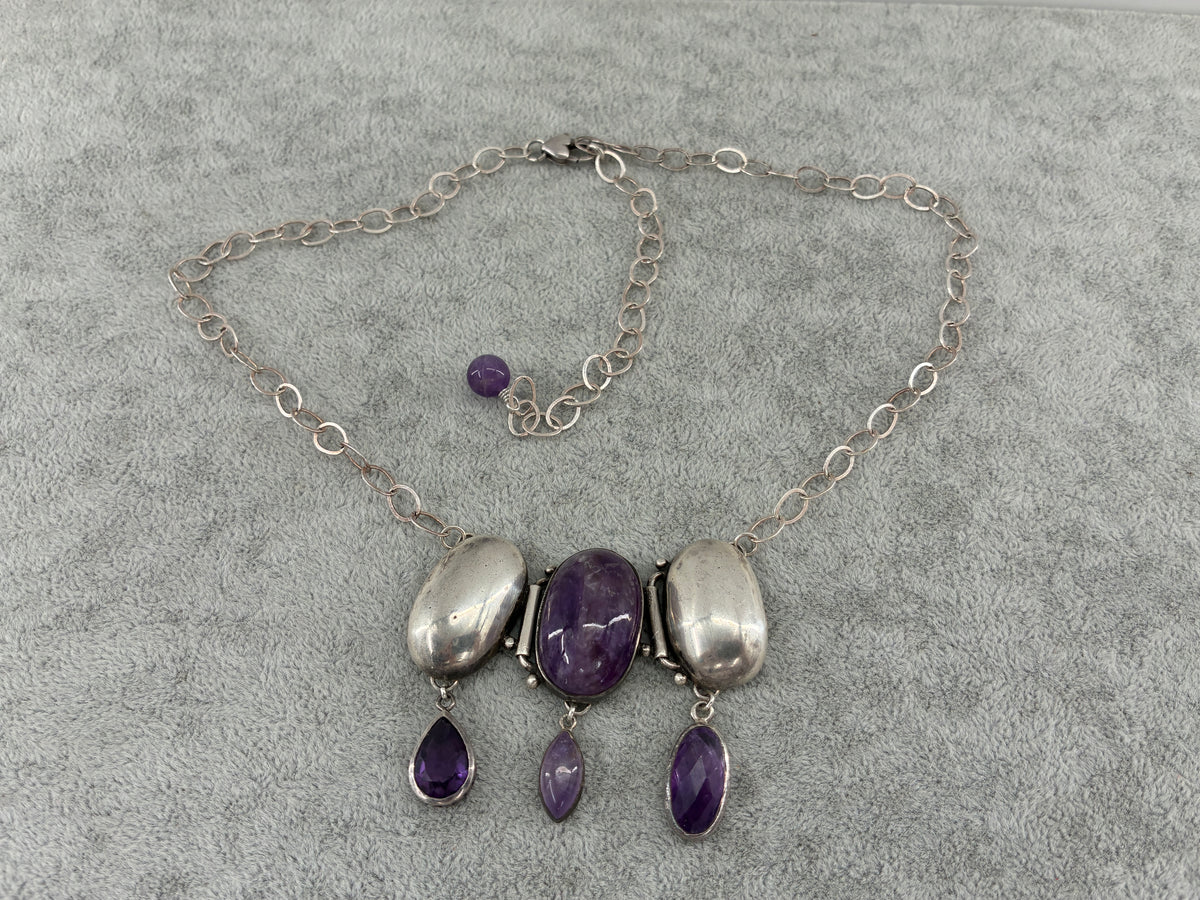 Amethyst Sterling Silver Statement Necklace - Fully Adjustable