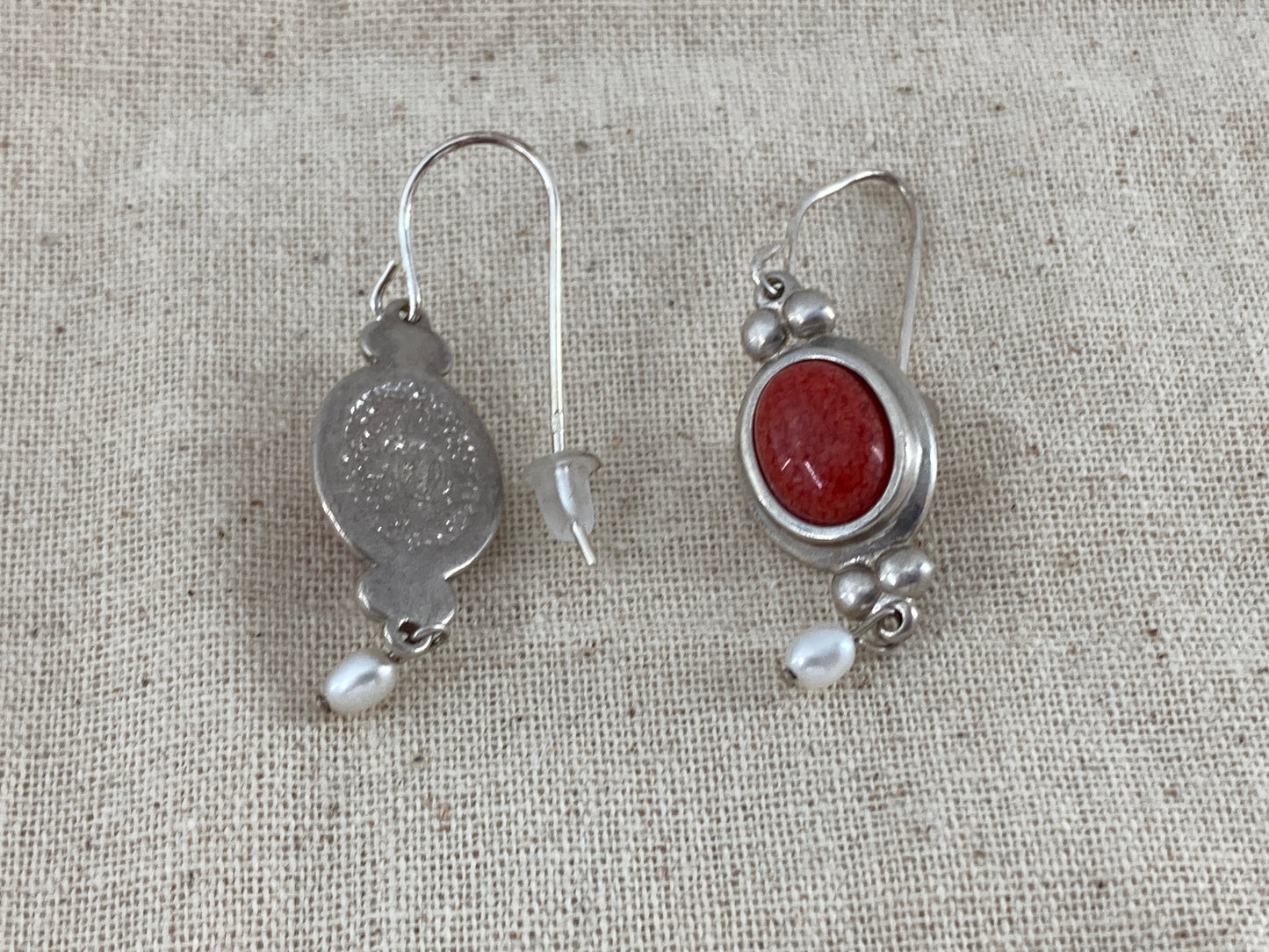 Red Coral and White Pearl Earrings