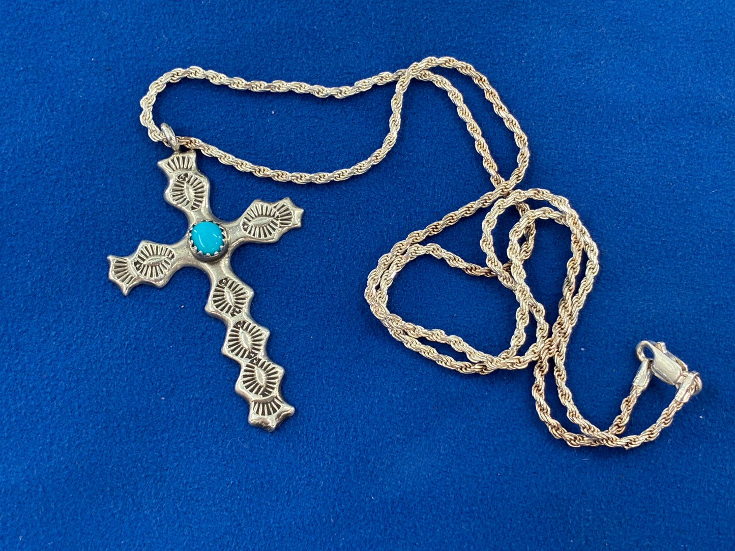 Rescued Hand Stamped Sterling Silver Cross with Sleeping Beauty Turquoise