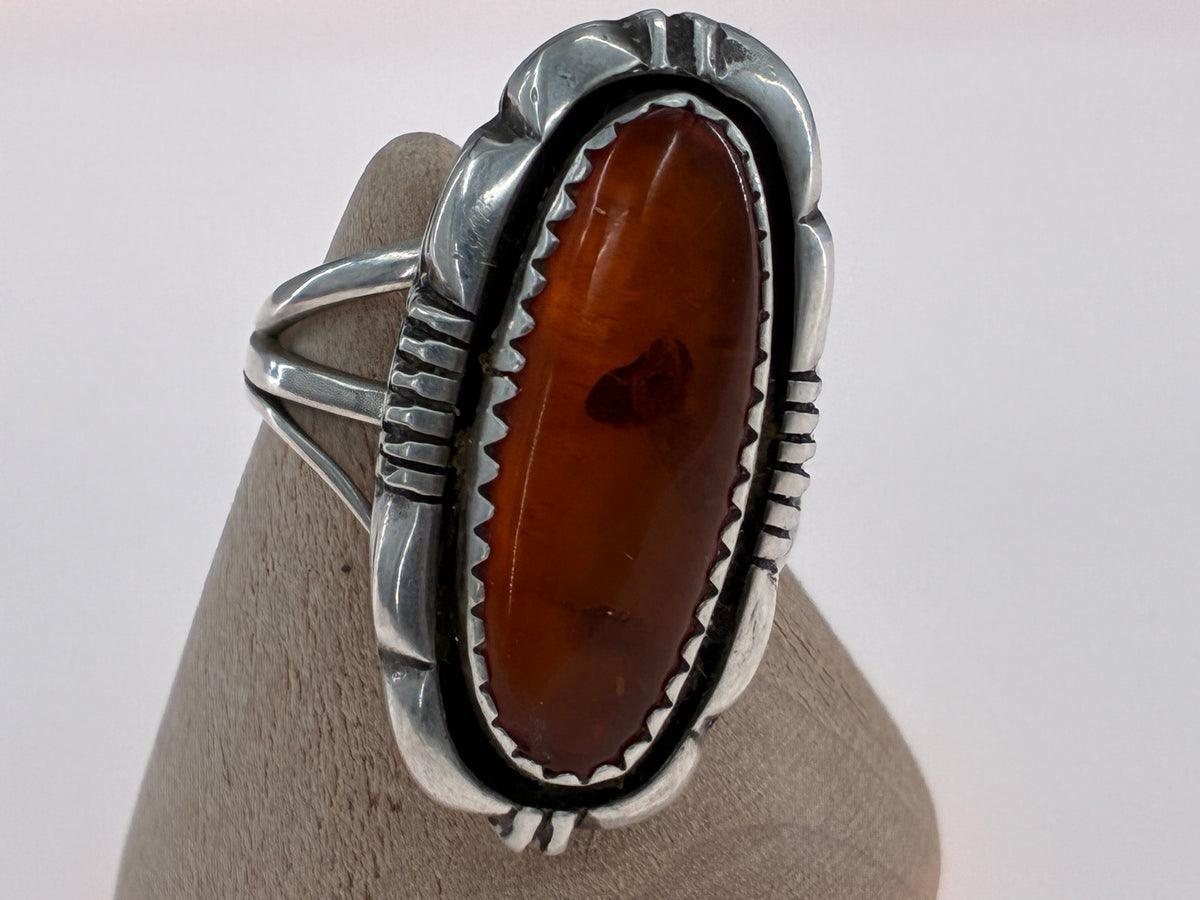 Rescued "L. Yazzie" Amber in Sterling Silver Ring - Size 7
