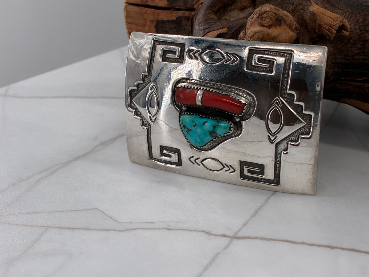 Reborn "C.M. Yazzie" Turquoise Coral Sterling Silver Belt Buckle