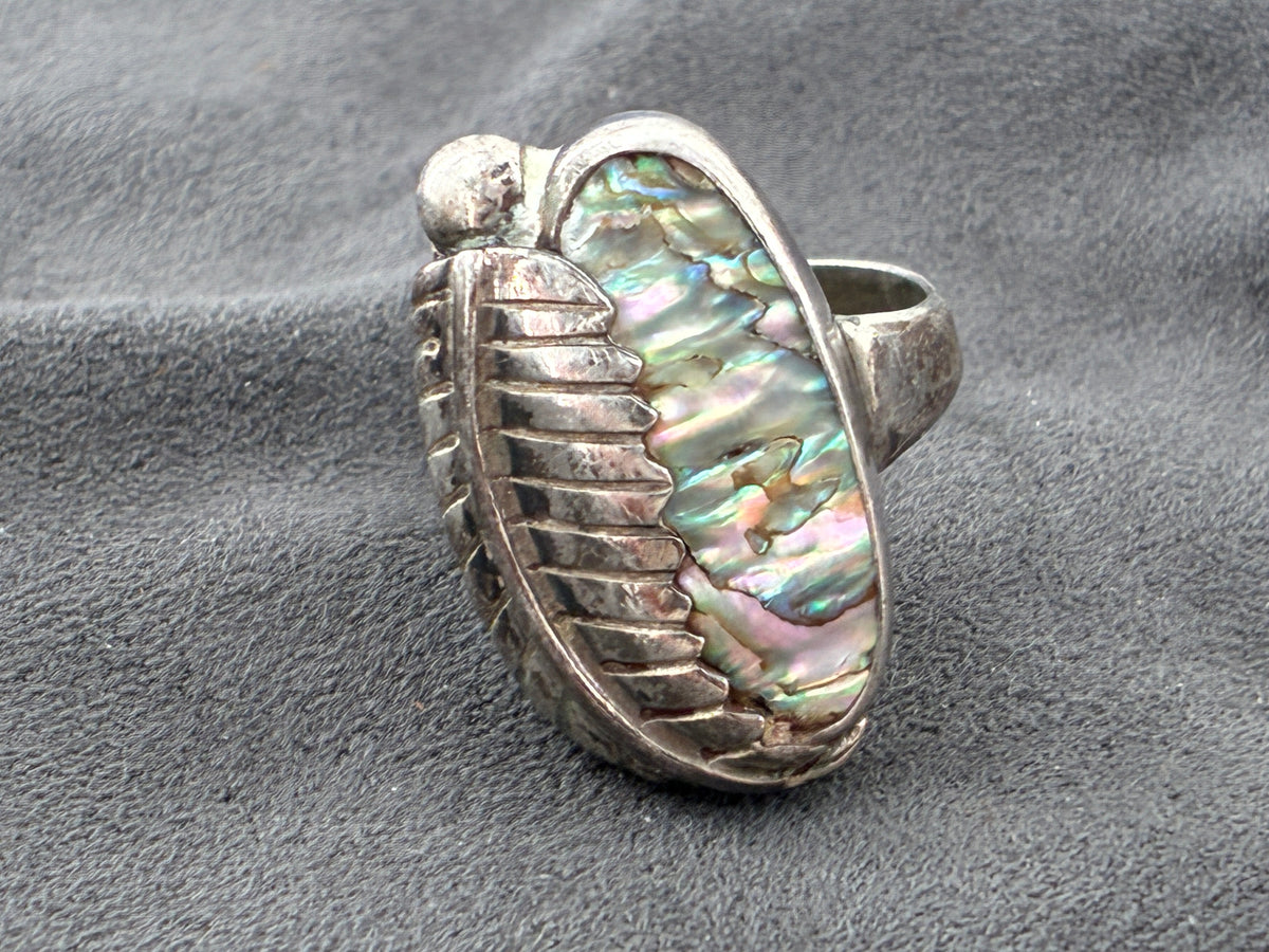 Rescued Abalone and Sterling Silver Leaf Ring - Size 6