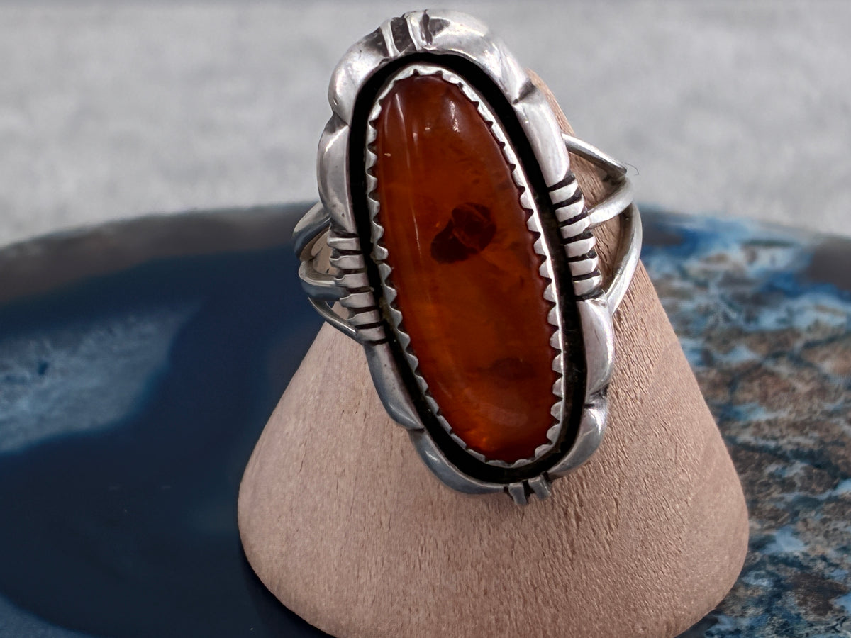 Rescued "L. Yazzie" Amber in Sterling Silver Ring - Size 7