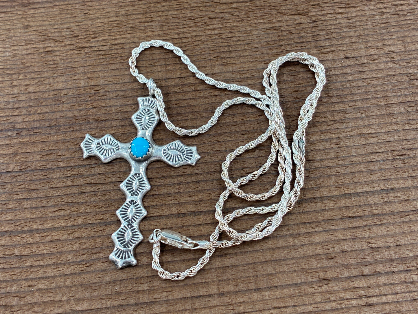 Rescued Hand Stamped Sterling Silver Cross with Sleeping Beauty Turquoise