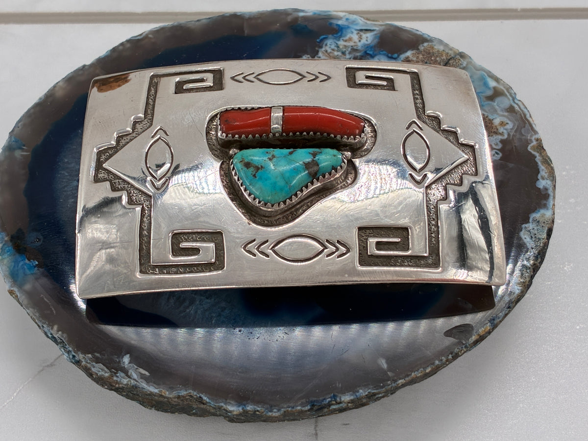 Reborn "C.M. Yazzie" Turquoise Coral Sterling Silver Belt Buckle