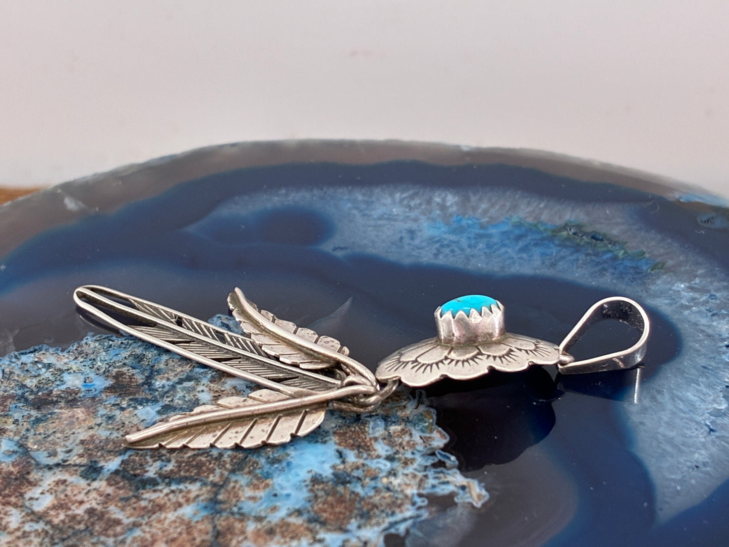 Southwestern Style Feather Turquoise and Sterling Silver Pendant