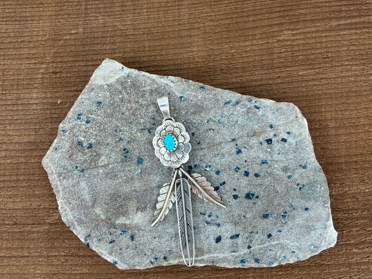 Southwestern Style Feather Turquoise and Sterling Silver Pendant
