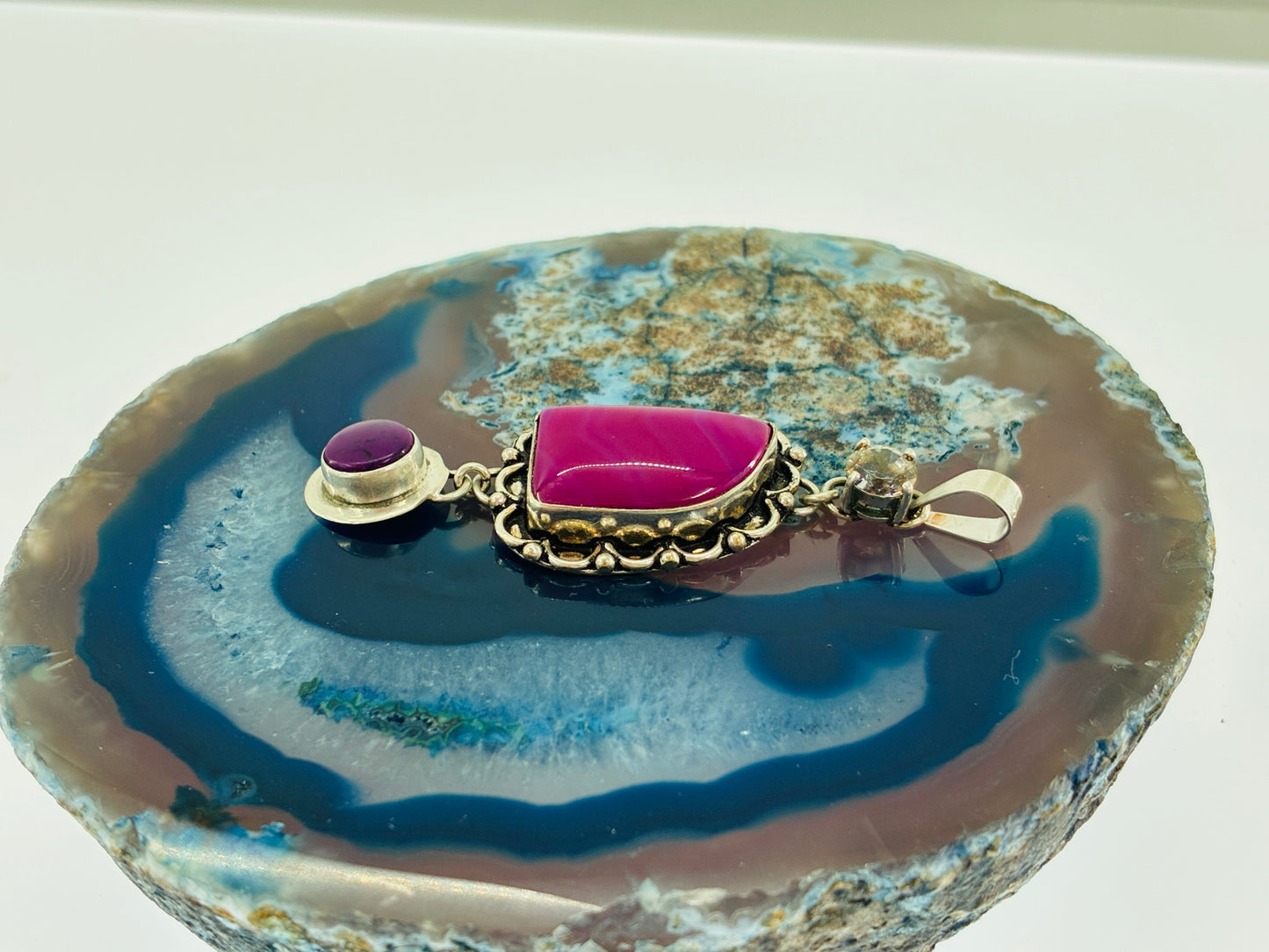 Mystic Cubic Zirconia, Pink Agate, Sugilite Pendant