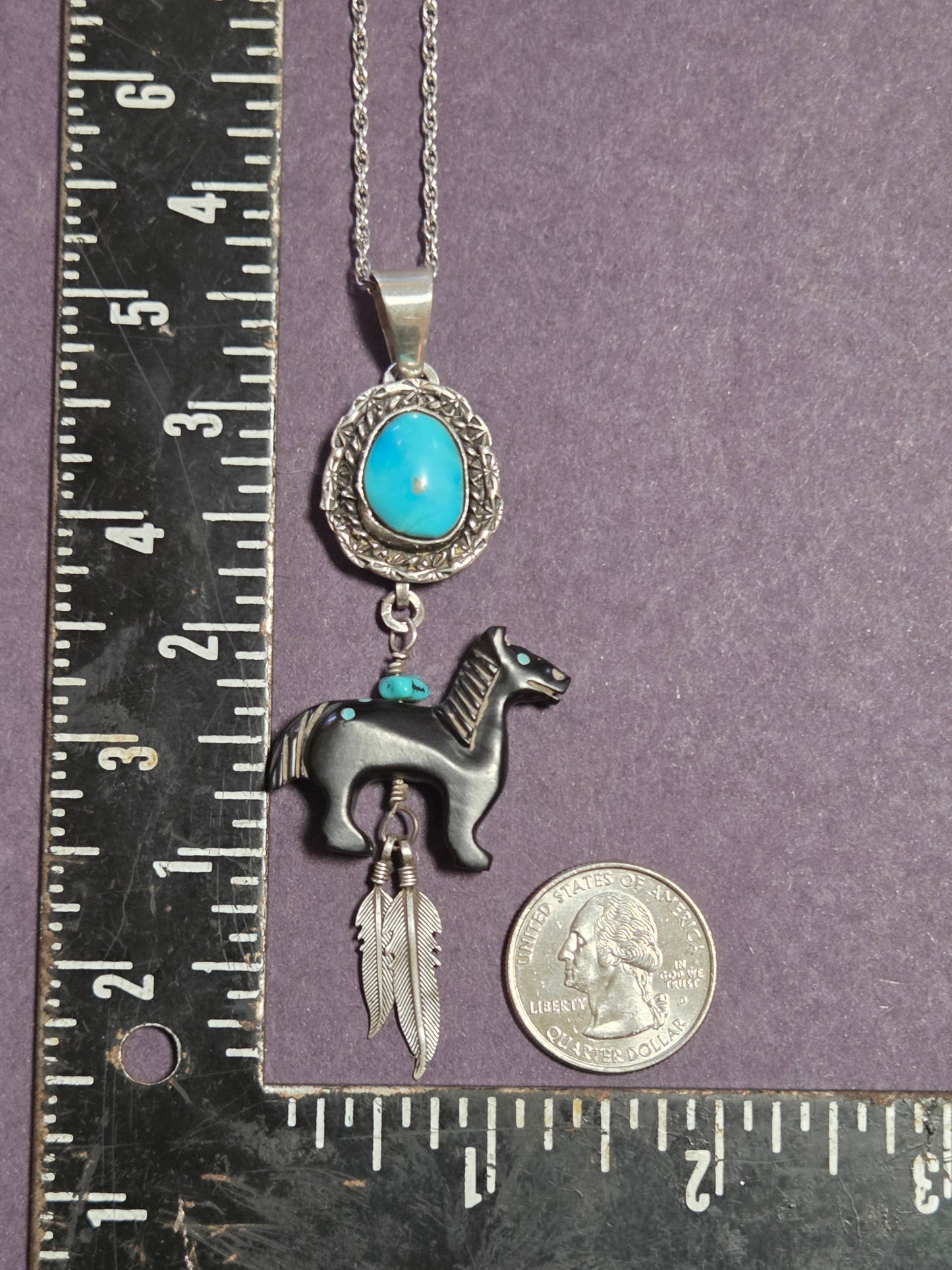 Turquoise and Black Jet Horse Necklace