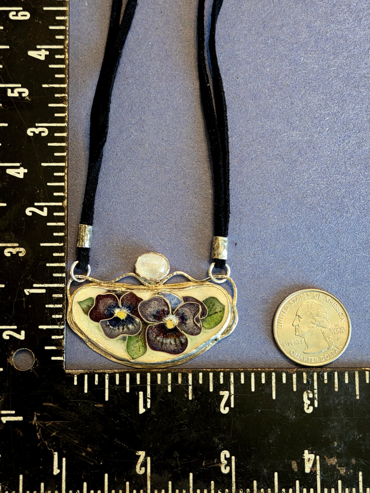 Purple Flower and Moonstone Leatherette Necklace